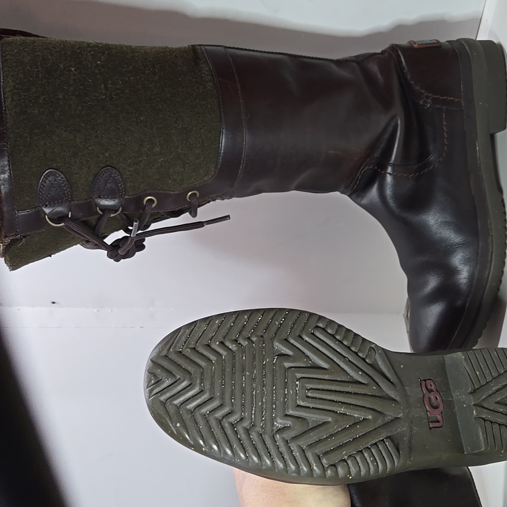 Waterproof UGG Elsa Boots- Dark Brown Leather and Olive Wool Boots, Size 8